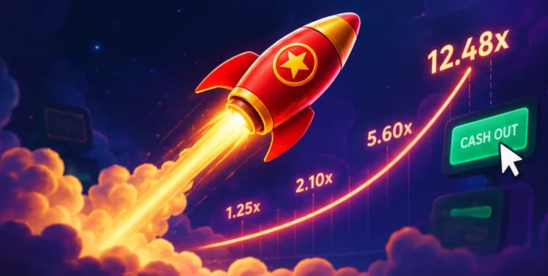 Rocket launching beside a rising crash game multiplier and cash-out button